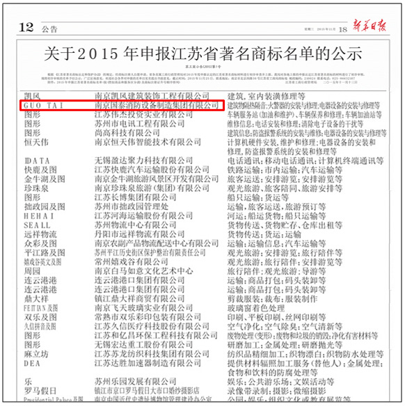 賀國泰集團(tuán)入圍“江蘇省著名商標(biāo)”公示名單